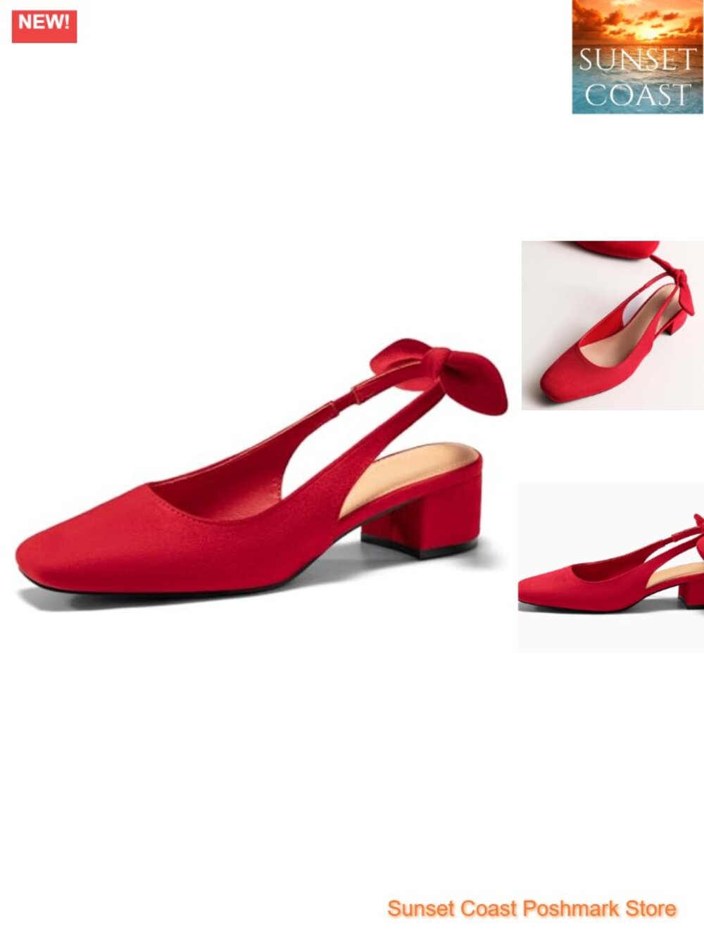 Chunky Low Heels Bow Slingback Pumps Closed Square Toe Dress Shoes